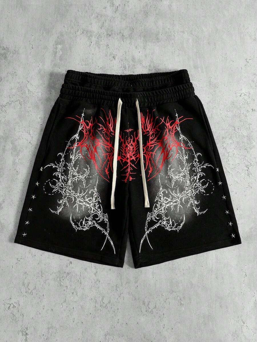 ROMWE MEN Prep Quần short nam in họa tiết Gothic, cạp quần hai lớp, kiểu dáng rách rưới. - màu đen - Xem 1
