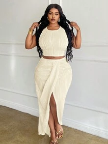 Slaydiva Plus Size White Solid Slim Fit 2 Pieces Outfit 2pcs/Set - Apricot - View 1
