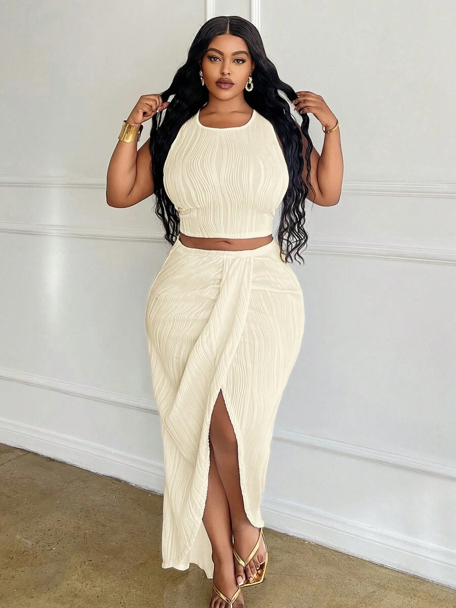 Slaydiva Plus Size White Solid Slim Fit 2 Pieces Outfit 2pcs/Set - Apricot - View 1