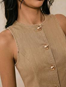 Poéselle Women's Sommer Casual Front Button Sleeveless Denim Dress Everyday Khaki - Khaki - View 7