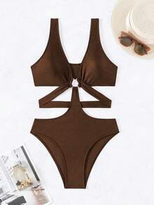 SHEIN Swim 女士纯色镂空连体泳衣，适合游泳、度假、夏季海滩 - 咖啡棕 - 查看 4