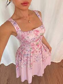 Modelyn 女士杏色梭织图案数码印花系带A字中长连衣裙，优雅浪漫，春夏款 - 粉色 - 查看 4
