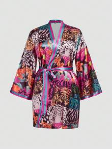 Chillnights Plus Size Tiger Plant Pattern Contrast Stripe Satin Robe - Multicolor - View 1