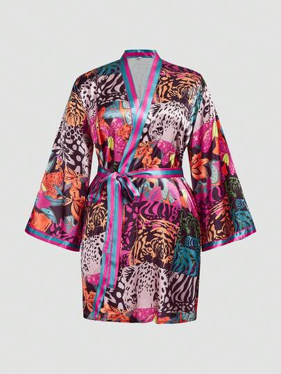 Chillnights Roupão de Cetim com Estampa de Tigre e Listras Contrastantes, Plus Size