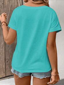 EMERY ROSE Plus Size V-Neck Short Sleeve Patchwork Cuff Casual Versatile Women T-Shirt, Spring/Summer - Blue - View 2
