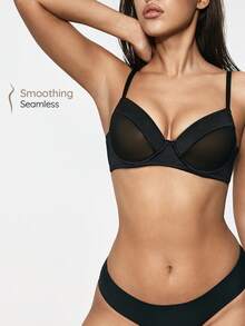 SHAPORA Mesh Splice Fabric Sexy Underwire Bra, Minimalist Sensual Style, No Foam Cups - Black - View 1