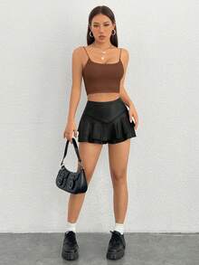 SHEIN PETITE Women's Solid Color Minimalist Casual Tank Top,Summer Top - Brown - View 4