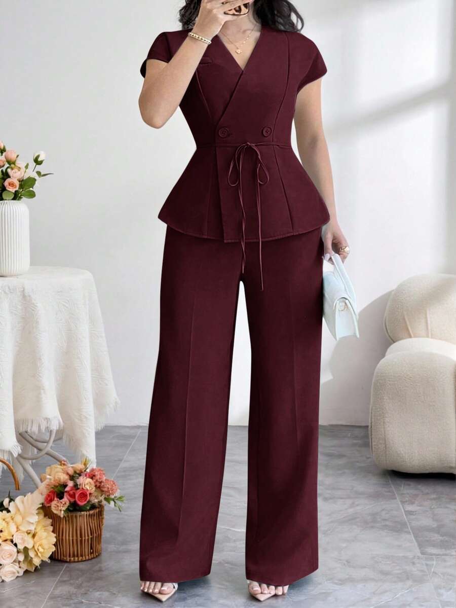 Feyla Plus Size Solid Color Wrap Crossed Short Sleeve Double-Breasted Elegant Minimalist 2 Pieces Set - Burgundy - View 1