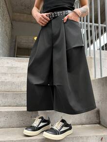 Manfinity EMRG Pantalon cargo décontracté noir, taille haute plissée avec décoration métallique, pantalon large et ample, pantalon cargo de style de rue polyvalent, streetwear hip hop - Noir - Voir 5