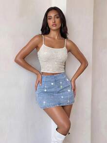SHEIN Glamour Chân váy denim ngắn nữ mùa hè, phong cách thường ngày, thoải mái, đính sequin và tua rua. - Màu xanh lam - Xem 7