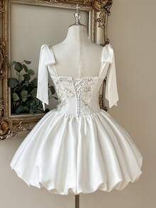 Lovelzi Elegant White Summer Bachelorette Party Formal Wedding Guest Midi Dress Heavily Beaded Embroidered Satin Patchwork Spaghetti Strap Floral - White - View 3