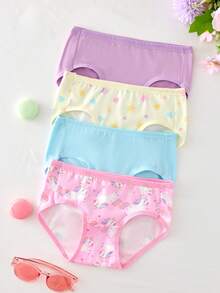 SHEIN 4件組女童幼兒內衣套裝，淺藍、紫色、粉色與奶油色，可愛卡通獨角獸圖案印花與星星圖案，柔軟光滑針織無袖背心搭配高彈性內褲，日常必備運動穿搭，親膚舒適，四季適用輕量衣物 - 藍色 - 查看 4