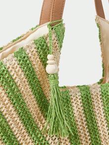 Large Capacity Bohemian Woven Straw Tote Bag With Fringe And Striped And Plain PU Handles For Beach Vacation Summer - Khaki - View 6