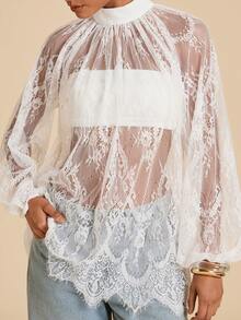 Travachic Áo blouse ren xuyên thấu lưới cho nữ - trắng - Xem 3