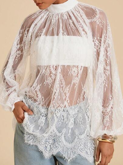 Travachic Áo blouse ren xuyên thấu lưới cho nữ