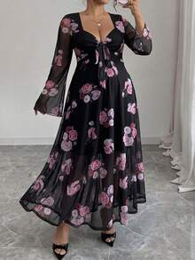 SHEIN CURVE+ 大码女式印花系带休闲派对连衣裙 - 彩色 - 查看 3