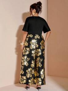 Cravure Plus Size Off-Shoulder Fitted Top With Foil Splicing & Wide Leg Pants Jumpsuit - Black - View 2