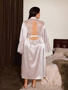Slumberist Bata de seda falsa con parches de encaje y espalda descubierta, talla grande y sexy - Blanco - Ver 2