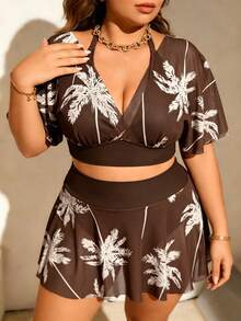 SHEIN Swim Curve 大尺碼女款深V棕櫚葉印花網格兩件式泳衣，修身顯瘦，度假風 - 咖啡棕 - 查看 4