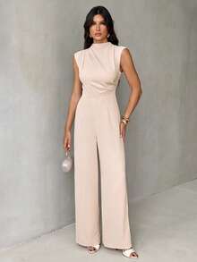 SHEIN Tall Mono elegante y minimalista de mujer, de estilo urbano y chic, con cuello alto pequeño, mangas cortas, cintura alta y piernas anchas, en color albaricoque - Marrón - Ver 4