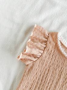 SHEIN 2pcs/Set Baju Bayi Perempuan Usia 0-3 Tahun, Kasual Manis untuk Aktivitas Sehari-hari, Lengan Pendek, Kaos dan Celana Pendek, Musim Semi/Panas - Aprikot - View 3