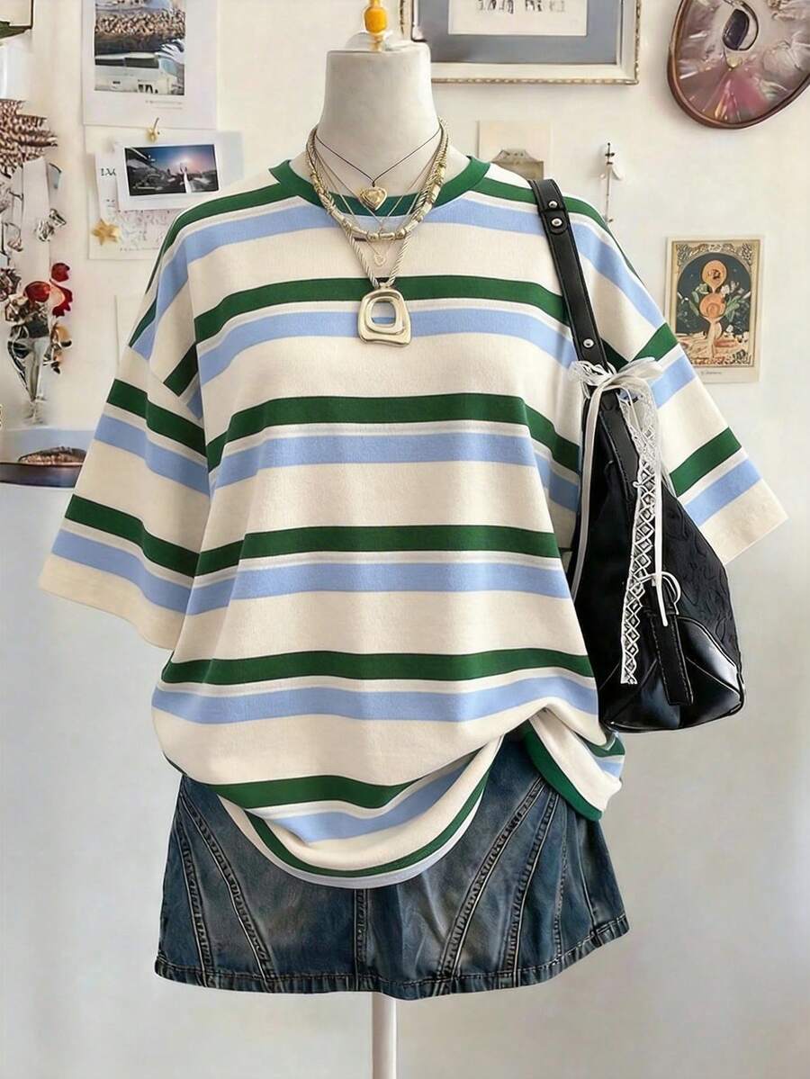 Lalippa Striped Digital Print Fashionable Minimalist Oversized Mid-Length Round Neck Drop Shoulder Women T-Shirt, Gift For Friends - White - View 1