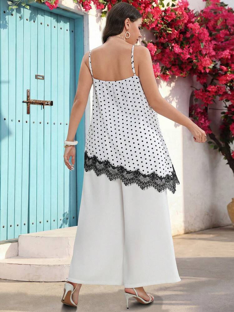 Plus Size Women Summer Casual Vacation Polka Dot Print Lace Patchwork Asymmetrical Camisole Top And Wide Leg Pants 2 Piece Set