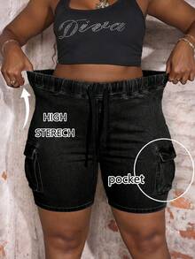 Slaydiva Quần short denim nữ cỡ lớn, cạp chun, kiểu dáng thường ngày, đa năng. - màu đen - Xem 1
