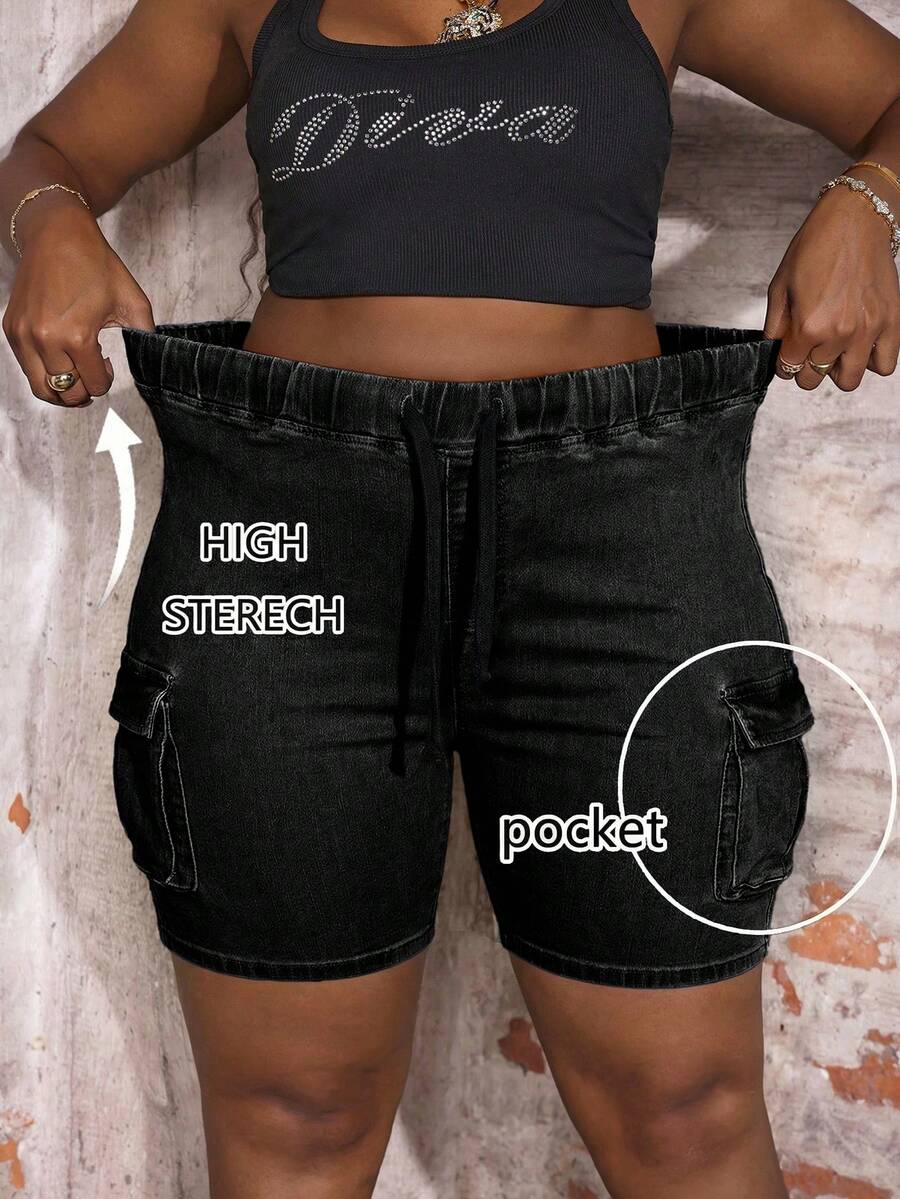 Slaydiva Quần short denim nữ cỡ lớn, cạp chun, kiểu dáng thường ngày, đa năng. - màu đen - Xem 1