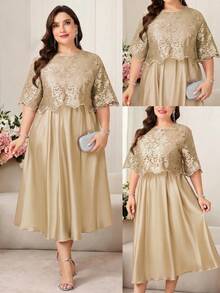 Reflora Plus Size Elegant Lace Patchwork Party Dress - Champagne - View 6