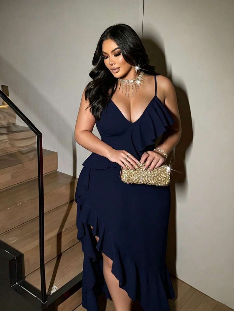 NU&NOW Plus Size Spaghetti Strap High Slit Ruffle Hem Red Party Dress - Navy Blue - View 1