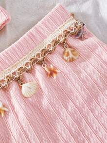 Tween Girls 2pcs/Set Solid Color Metal Decor Halter Top And Shorts Casual Daily Outfit, Summer, Minimalist, Comfortable - Pink - View 3
