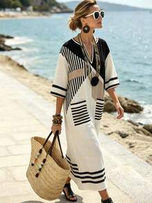 Ceyna Plus Size Women's Spring/Summer Fashion Minimalist Elegant V-Neck 3/4 Sleeve Loose H-Line Striped Dress - Multicolor - View 6