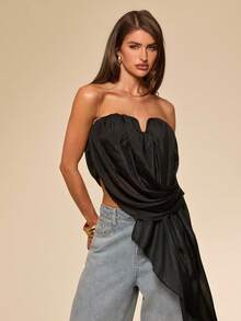 SHEIN BAE Black Asymmetric Ruched Chiffon Camisole Top, Summer Black Blouse - Black - View 6