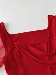 EMERY ROSE Vestido de noche de satén y parches de satén de alta gama para mujer, blusa formal de estilo francés para banquetes, primavera/verano - Rojo - Ver 5