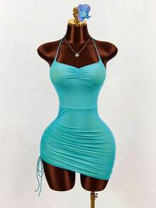 Mistrie Vestido mini ajustado con cuello halter de malla transparente azul con escote de corazón y drapeado, vestido de playa y salida para mujeres, nuevo para el verano de 2026 - Multicolor - Ver 6
