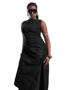 SHEIN EZwear Plus Size Solid Color Minimalist Sleeveless Dress, Casual Everyday Wear - Black - View 6