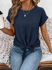 SHEIN LUNE 女款純棉白色夏季上衣：可愛蝴蝶結 T-shirt，適合休閒外出，女款休閒上衣 - 藏蓝色 - 查看 3