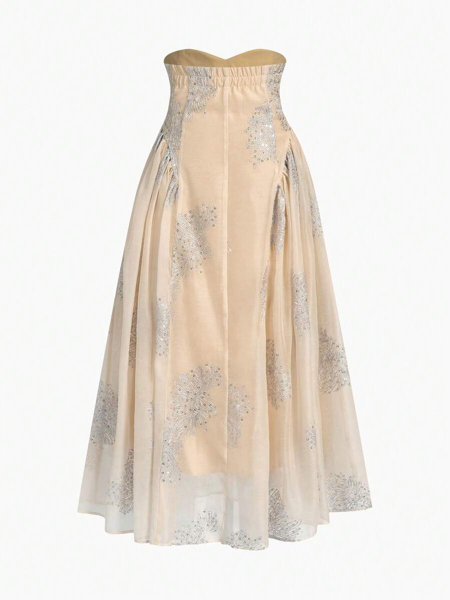 MOTF PREMIUM HIGH-WAISTED EMBROIDERED ASYMMETRICAL RUFFLE A-LINE SKIRT WEDDING CHAMPAGNE PINK WINTER ROMANTIC STYLISH - Khaki - View 2
