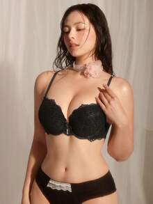 1pc Padded Lace Lift & Support Women's Underwire Bra Lingerie - Black - View 3