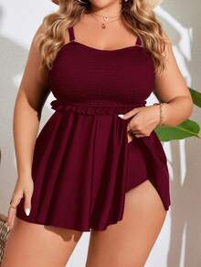 SHEIN Swim Curve 大尺碼女款純色細肩帶分體式比基尼泳衣套裝 2 件組，休閒度假風 - 酒紅色 - 查看 1