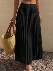 DAZY Elegant Pleated A-Line Women's Skirt, Spring/Summer,Ruffle - Black - View 1