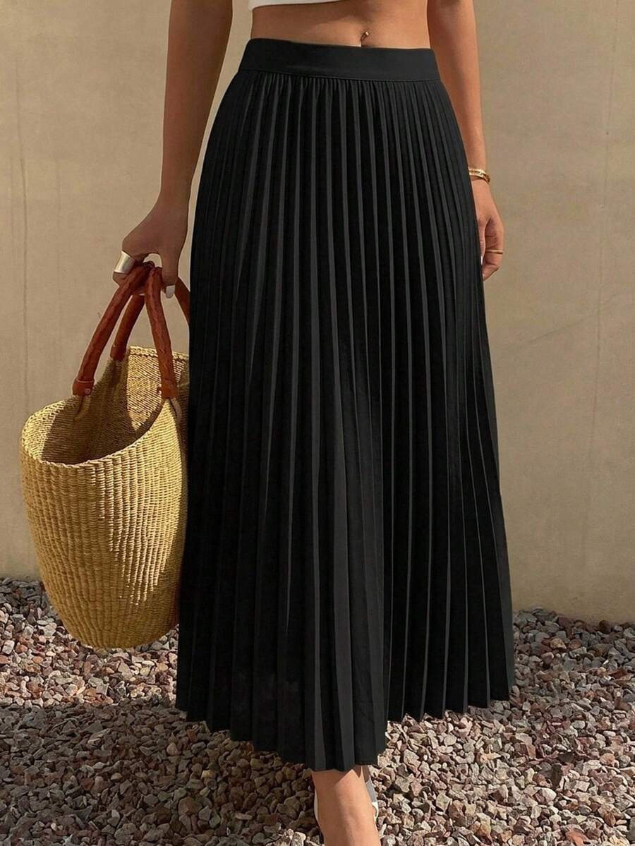 DAZY Elegant Pleated A-Line Women's Skirt, Spring/Summer,Ruffle - Black - View 1