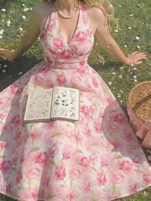 SHEIN MOD Robe mi-longue à col ras-du-cou avec lien à la taille, imprimé tout-sur-tout, pour femmes grandes tailles. Robe d'été, de festival, d'invitée de mariage, de remise de diplôme, de cérémonie, de bal de promo, d'anniversaire, de garden party. Robe décontractée avec imprimé floral vibrant, col ras-du-cou, taille évasée. Robe fleurie rose, robe de soirée pour femmes, robe de garden party, robe d'été - Multicolore - Voir 8