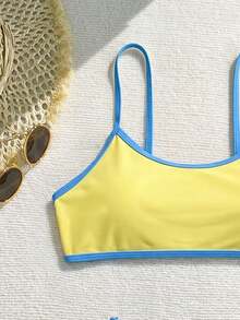 Swim Mod 2025 女款 3 件組細肩帶無鋼圈純色比基尼泳衣，含分開式泳褲 - 鵝黃色 - 查看 4