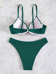 Swim Lushoire 女款夏季海灘素色抓皺細肩帶比基尼與三角泳褲泳裝套裝 - 綠色 - 查看 2
