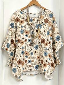 Linhara Spring/Summer New Lightweight Minimalist Casual Comfortable Vacation Home White Batwing Sleeve Round Neck Plus Size Women's Top - Multicolor - View 5
