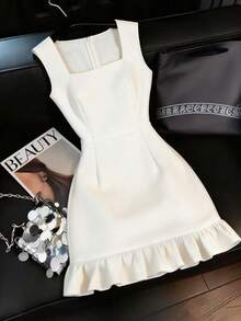 SHEIN Franclia 2026新款女士纯白色方领无袖中长连衣裙，修身腰身优雅宾客礼服，适合派对婚礼等场合，A字喇叭下摆夏季连衣裙 - 白色 - 查看 1