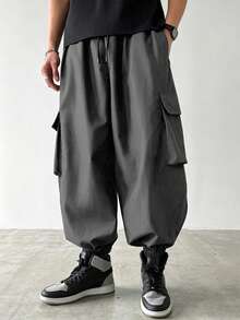 PAVTROS Pantalones jogger casuales de unicolor con cordón en la cintura y bolsillos, uso versátil para el día a día - Gris Oscuro - Ver 3