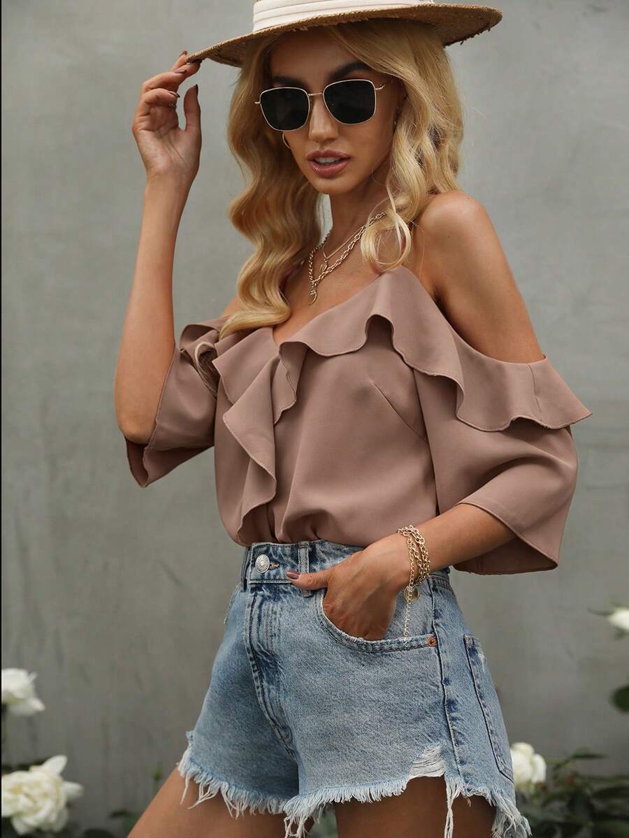 SHEIN Clasi 女士纯色露肩荷叶边休闲百搭日常短袖衬衫 - 卡其色 - 查看 1